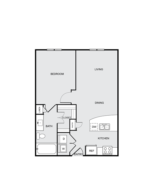 Floor plan for 1 bed, 1 bath, 678 sqft
